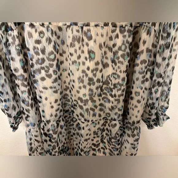 LOFT Abstract Print dress in Cream and Blue - Picture 3 of 7